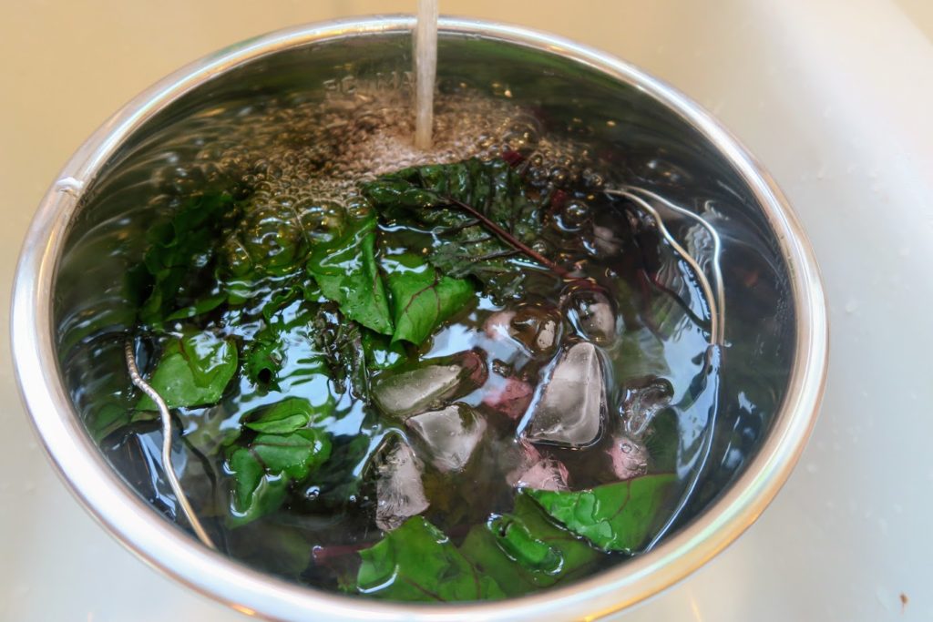 Instant Pot filled with ice water and beet leaves