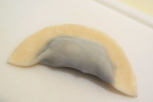A filled mushroom dumpling seriously pinched and sealed
