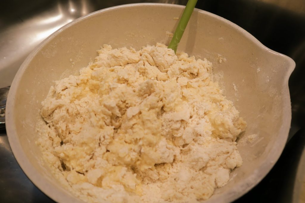 A rough version of the dough when the wet ingredients are first combined with the flour mixture