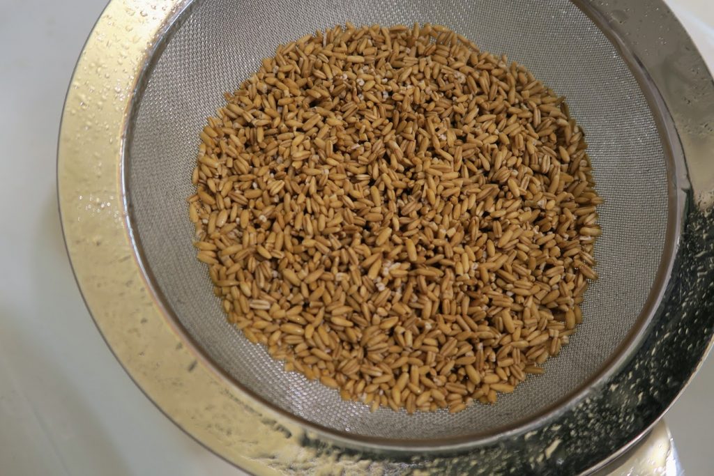Rinsing oat groats in a fine mesh sieve